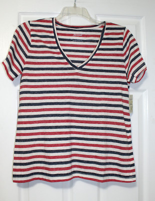 Lucky Brand Women's L Venice Burnout Red Blue & Ivory Stripe Tee Shirt Top NWT