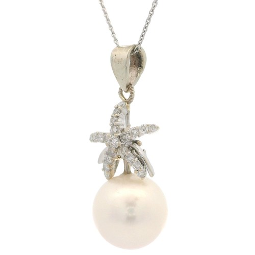 Estate White Gold Diamond Starfish w/ Large South Sea Pearl Pendant Necklace - Picture 3 of 9