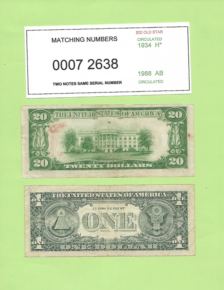 N1S .. MATCHING '0007 2638' .. 1934 $20 STAR ANOTE  H-*  &  1988 $1  A-B - Image 2 of 2