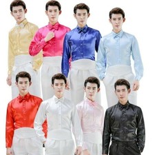 Men's Silky Dress Shirt Formal Shiny Long Sleeve Bow Tie Tops Stage Costume Wear