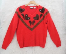 Marnie West Sweater Women's Medium Red V Neck Heart Vintage Silk Angora #1105