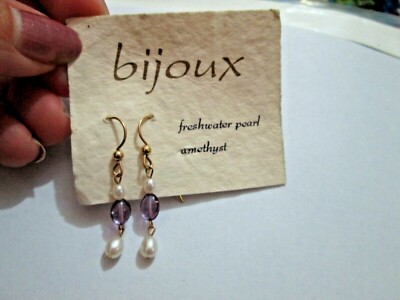 NEW Bijoux Gold Freshwater Drop Pearl And Natural Amethyst Earrings Dangle