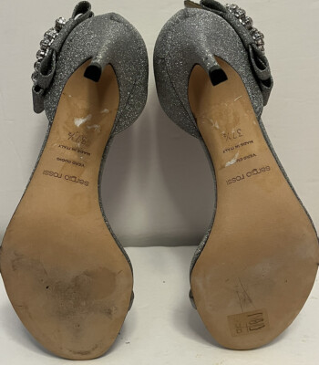 Sergio Rossi Argento Shiny Silver Glitter Gem Logo Strappy Heels