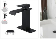 Waterfall Single Hole Bathroom Sink Faucet w/ Pop Up Drain, Matte Black B