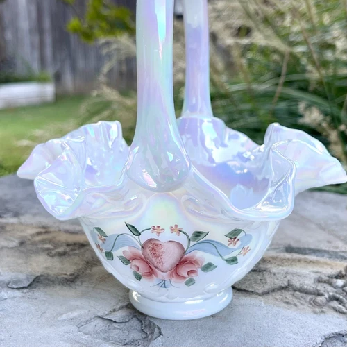 Fenton Opalescent Hearts And Flowers Basket Handpainted And Signed By D Anderson