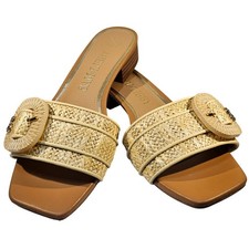 Sam & Libby Kandie Woven Raffia Slide Sandals Tan Cream Square Toe Womens 10 EUC