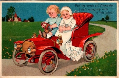 Antique  Embossed PC of two babies driving car Put the brakes on i can't drink