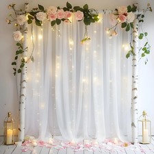 2 Panels White Backdrop Curtain with Lights String 5x10 Ft Tulle Wedding Decor