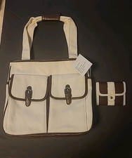 Canvas Tote Bag 2 Piece Set White Brown 11" H x 12" L Cotton w PVC Trim