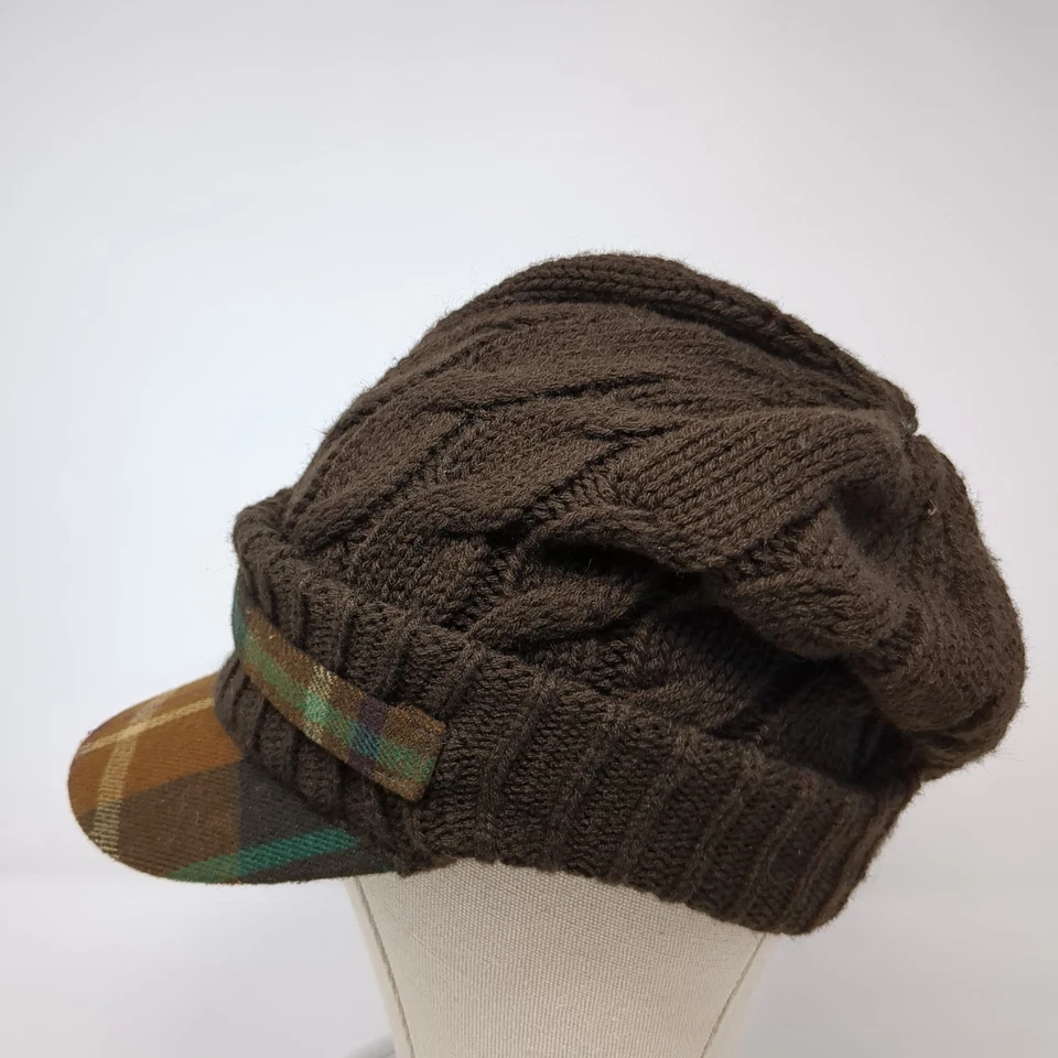 D&Y Beanie Hat Brown One Size Stretchable Cable Knit Brimmed Plaid Acrylic - Image 3 of 4