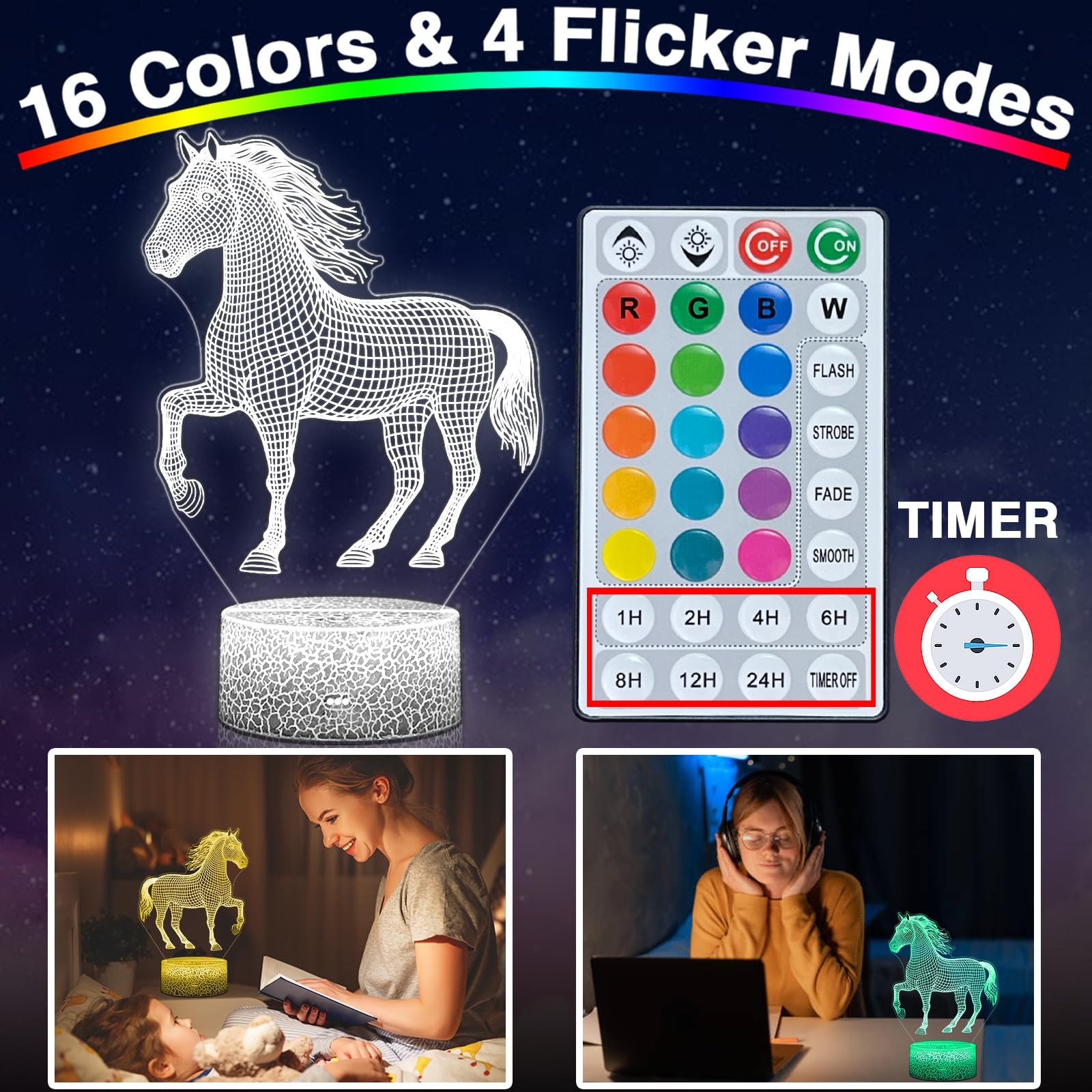 Lampe 3D cheval 16 couleurs changeantes avec télécommande tactile - 3