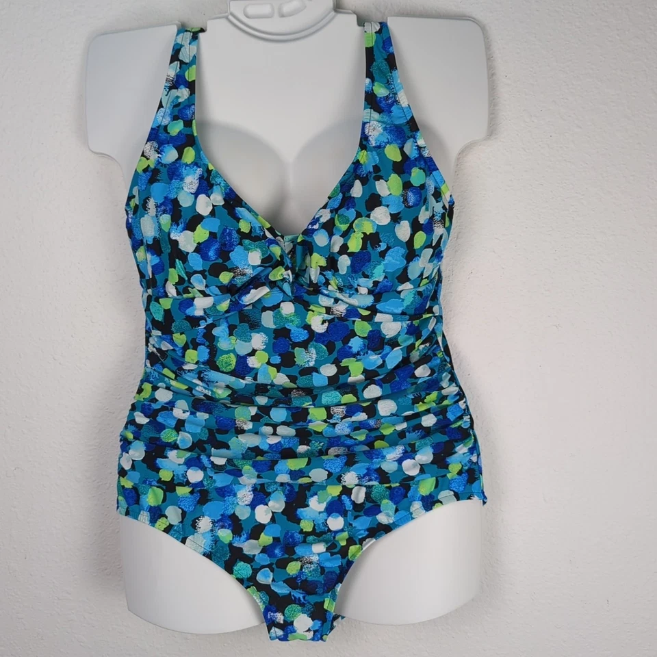 Traje de baño Maxine of Hollywood de una pieza 18 azul verde artístico lunares fruncidos Foto 2 de 4