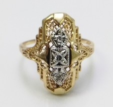 Antique Art Deco 14K Yellow  White Gold Multi Diamond Filigree Ring Size 10