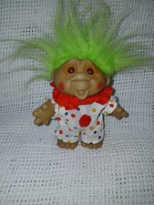 1986 Dam Troll Doll In A White, Red, Yellow, And Blue Polka Dot Clown Costume...