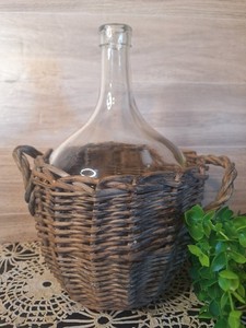 Vntg. Clear Bottle Wicker Demijohn Bottle, MCM, Boho decor, Bar Cart decor, Bar