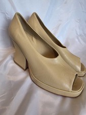 Bottega Veneta Peep Toe Leather Platform Pumps Heels Beige Italy 38.5