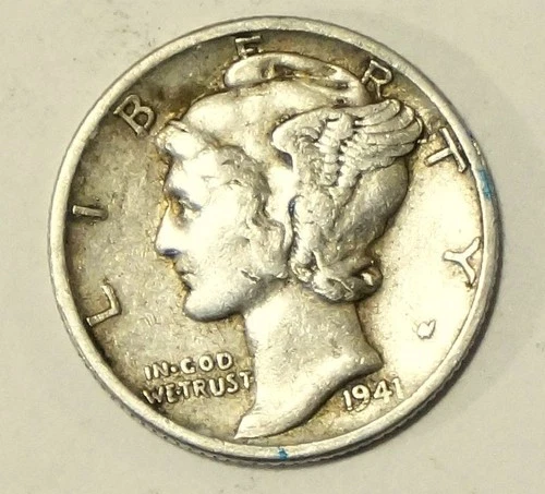 1941 Mercury Head Silver Dime, Fine/Very Fine, 90% Silver, Nice Coin