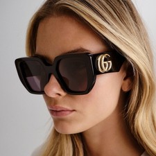 Gucci GG 0956S 003 Oversized Sunglasses Black Gold Cat Eye Grey Lens, 54mm