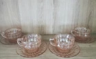 10 VINTAGE PINK DEPRESSION GLASS CUPS & SAUCERS JEANNETTE & 2 DISHES