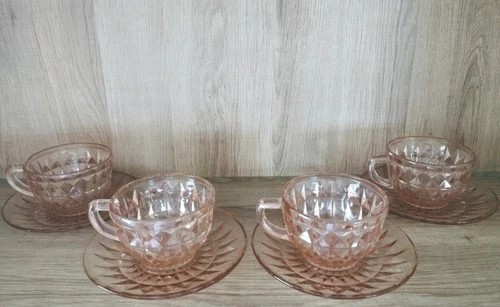 10 VINTAGE PINK DEPRESSION GLASS CUPS & SAUCERS JEANNETTE & 2 DISHES