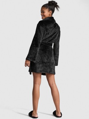 Victoria's Secret PINK Short Cozy Plush Super Soft Robe Pure Black Logo XL/XXL