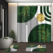 Olive Green Gold Boho Mid Century Shower Curtain Set, 4 Pcs with Rugs  Hooks