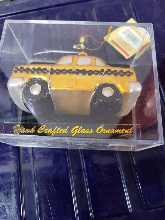 Department 56 6” checkered yellow taxi cab mercury glass ornament