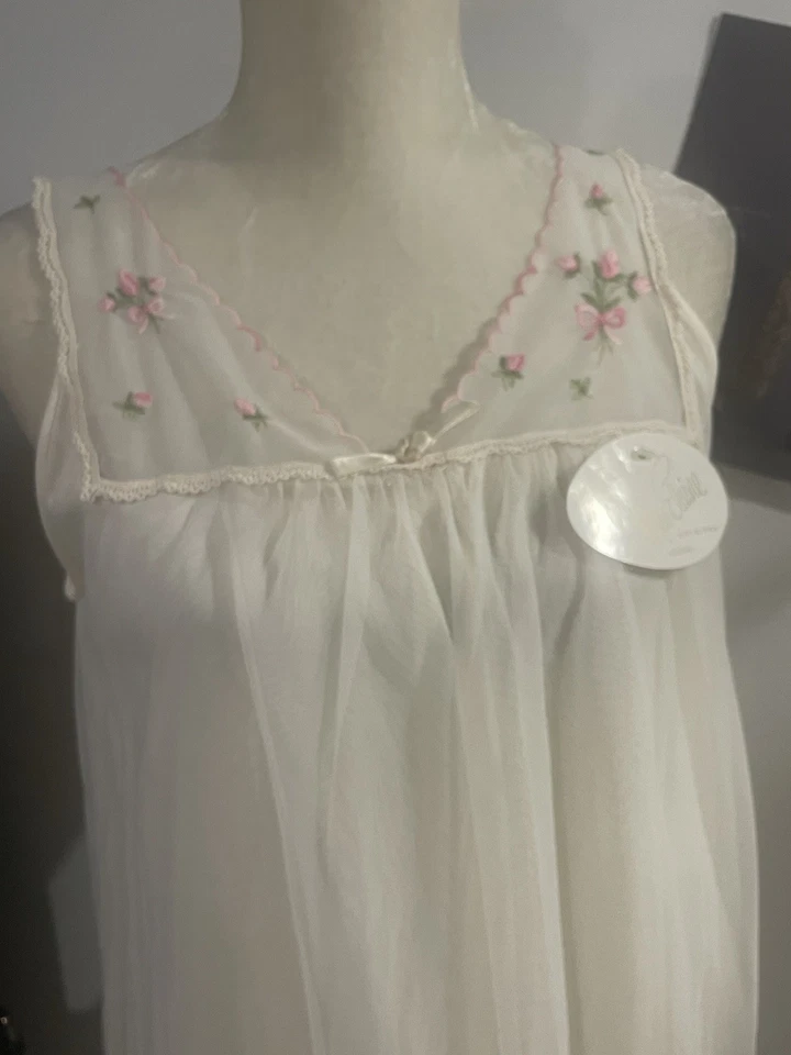 Camisón Miss Elaine Nuevo con Etiquetas Años 60 Vintage Largo Completo Borde Crudo/Rosa Bordado Foto 2 de 4