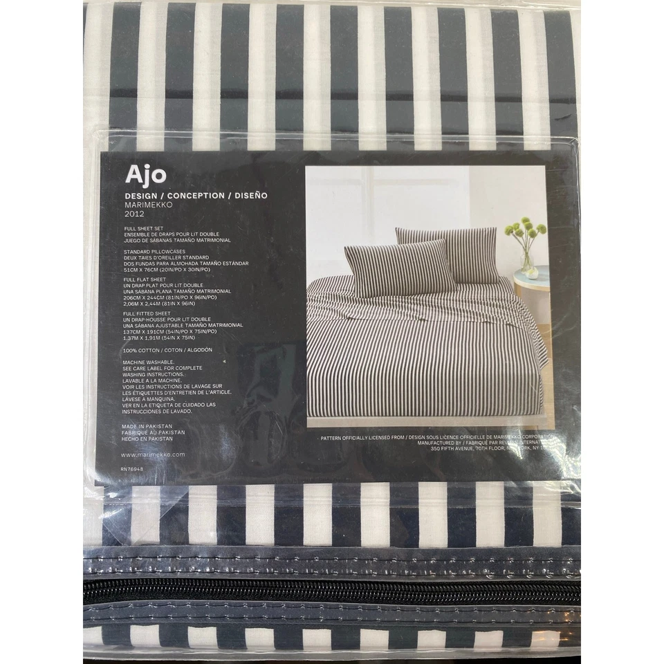 Juego completo de sábanas Marimekko blanco y negro a rayas algodón nuevo con etiquetas Foto 2 de 4