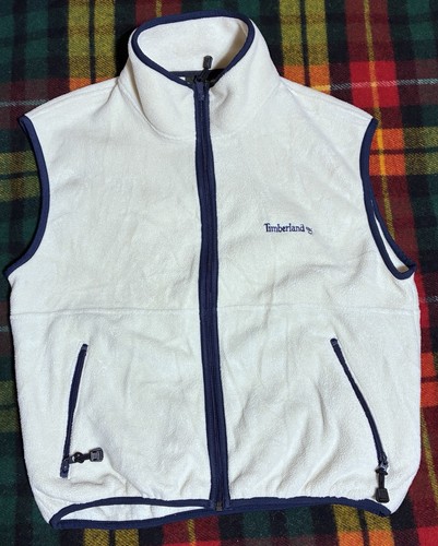 Timberland, Vintage Timberland White Fleece Vest Moon Beam Mens Size M Full Zip Pocket