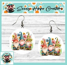 Earrings Round Silver Hook Backs Gnomes Gnome Trio Flowers Sublimated MDF