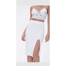 New Forever 21 White High Rise Bodycon Midi Skirt with High Slit Size Medium NWT