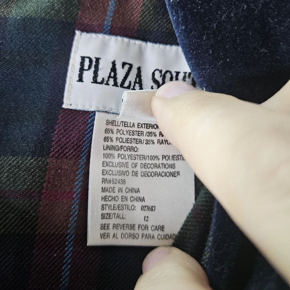 Traje Falda Plaza South Vintage Mujer 12 Verde Marino Cuello Terciopelo Cuadros Años 90 Foto 3 de 4