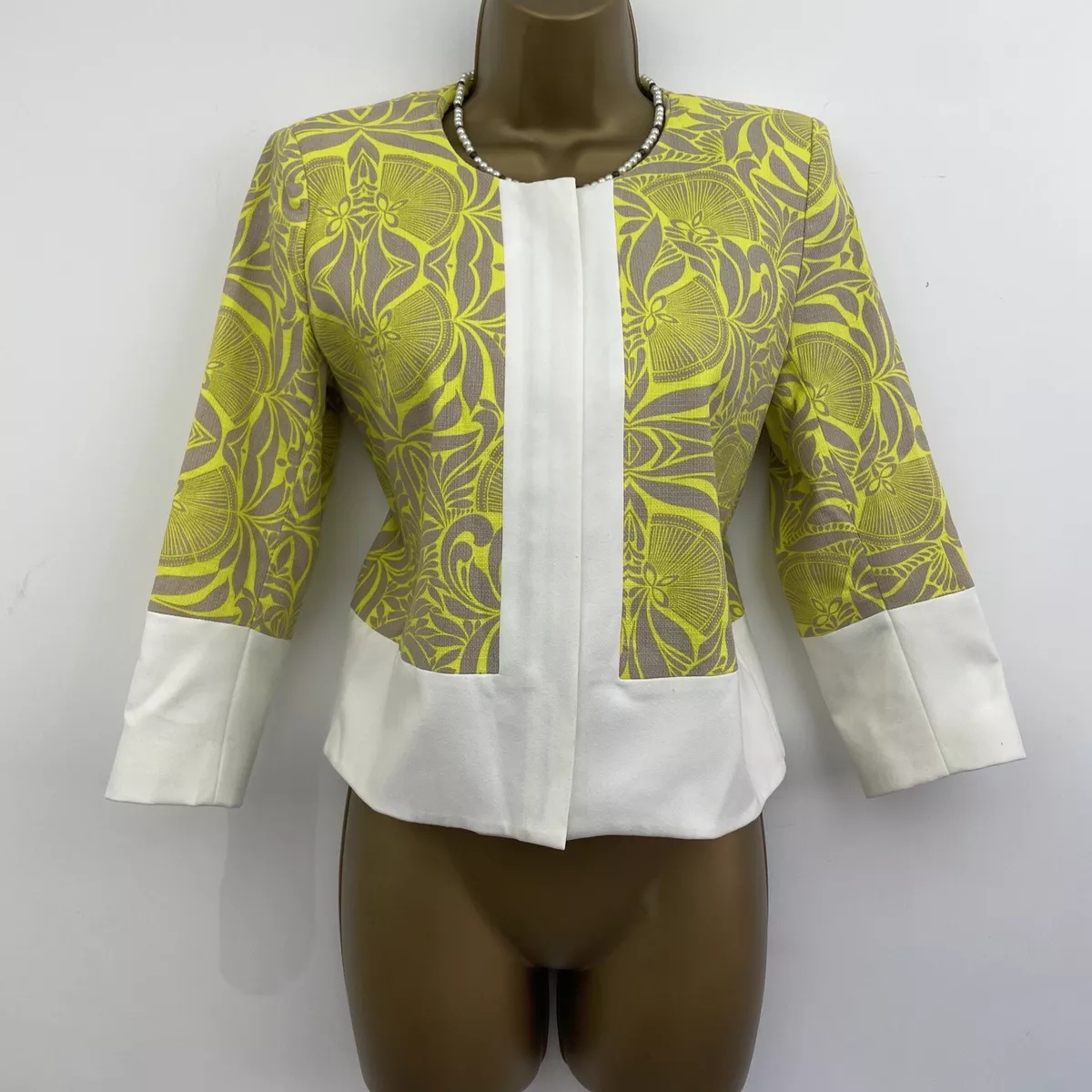 RIVER ISLAND Neon Yellow Floral Geometric Jacket Blazer White Size Uk 8