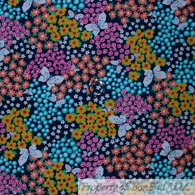 BonEful FABRIC FQ Cotton Quilt Navy Blue Rainbow Flower Butterfly Summer Calico