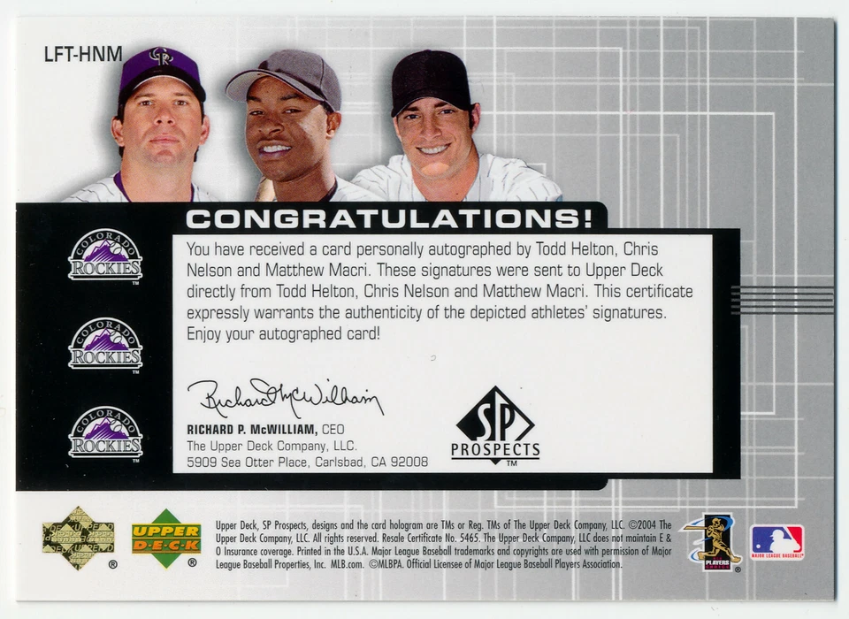 2004 SP Prospects TODD HELTON Matt Macri CHRIS NELSON RC Triple Auto Rockies /50 - Image 2 of 2