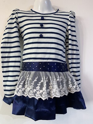 NEU VEVA GESTREIFTES KLEID MIT SPITZE VERZIERUNG GRÖSSE 4 JAHRE BLAU WEISS 100 % BAUMWOLLE 