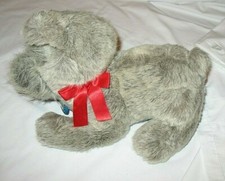 1987 Dakin Dog Gray w/ blue tag, 11 inches long grey stuffed plush animal