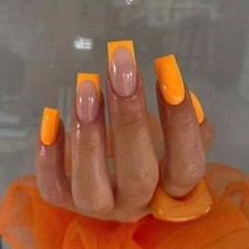 24pcs Glossy Orange French Tip Press On Nails - Medium Length Coffin Fake Nails