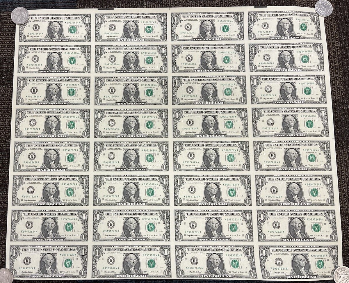 K UNCUT SHEET of 1995 One Dollar Federal Reserve Notes 32x $1