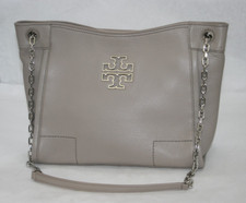 Tory Burch Britten French Grey Shoulder Bag Pebbled Leather Chain Slouchy Tote
