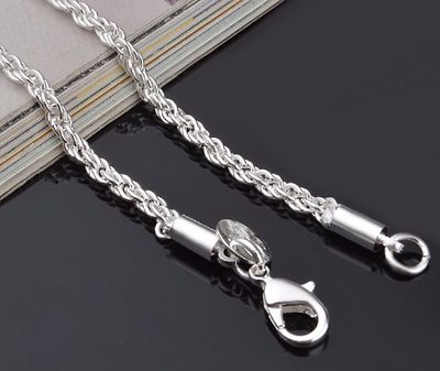 16-34 Zoll versilbert 3 mm verdrehtes Seil Kette Halskette Anhänger 925 Sterling T3S