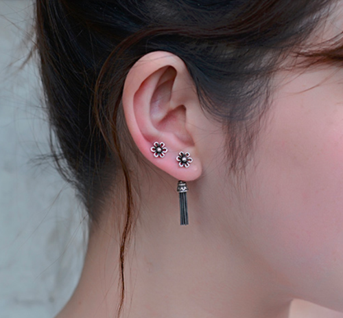 S925 Sterling Silver Retro Flower Daisy Chain Tassel Front Back Earrings - Picture 4 of 5