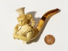 19thC " Busty " Lady Flowers in Hair Carved SEPIOLITE Seafoam Cheroot Pipe #MP3