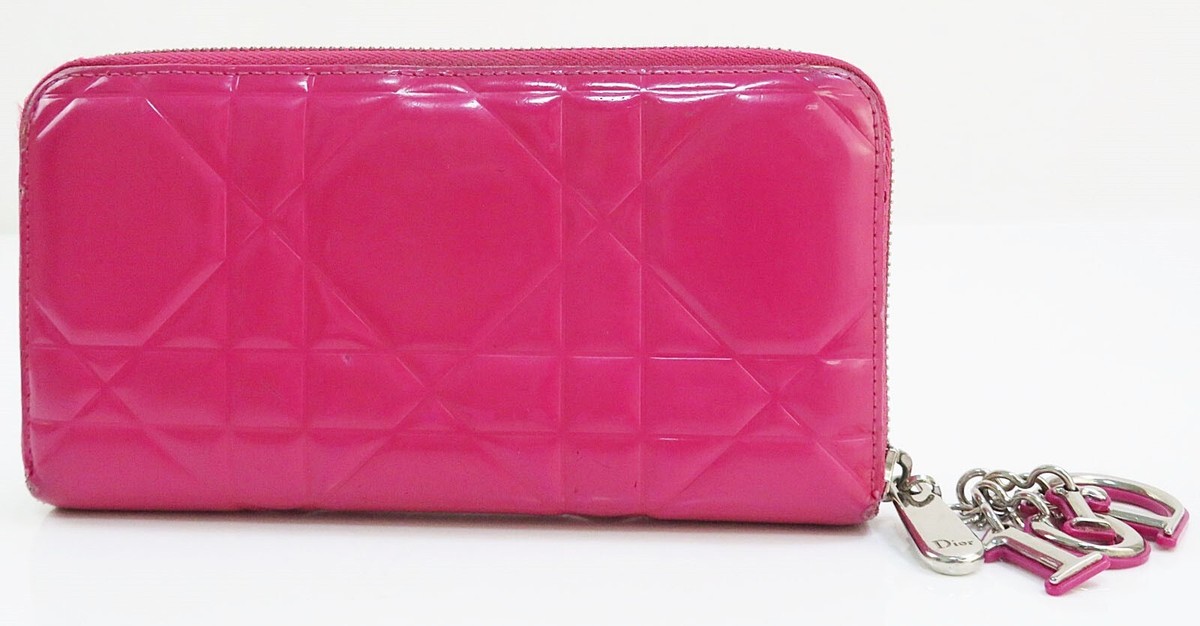Auth CHRISTIAN DIOR Lady Dior Pink Patent Leather Zippered Long