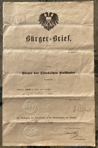 Bürger - Brief 1899 Bürger des Lübeckischen Freistaates Vohs FISKALSTEMPEL - Bild 1 von 7