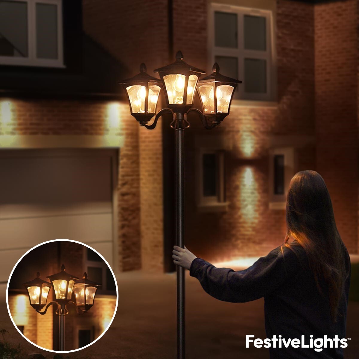2.1m Solar Power Triple Head Filament LED Outdoor Garden Pathway Lamp Post Light