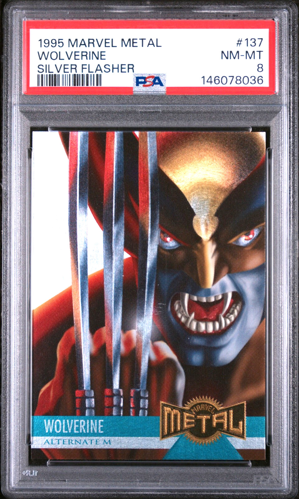 1995 Fleer Marvel Metal SILVER FLASHER #137 Wolverine Alternate M PSA 8 view 1