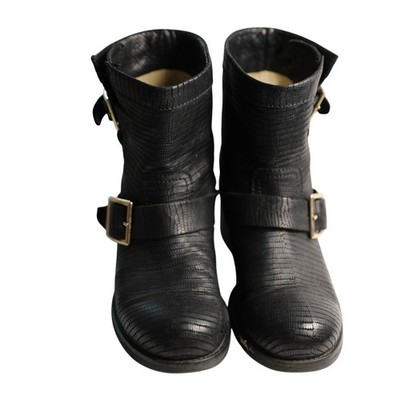 Jimmy Choo Youth Black Lizard Embossed Leather Biker Moto Boots Gold Buckle 36