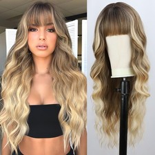 Ombre Blonde Wig with Bangs Long Blonde Wig for Women 26 Inch Synthetic Heat ...